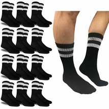 12 Pairs Men&#39;S Cotton Sports Socks Stripes Athletic Cushion Crew Black O... - £46.90 GBP