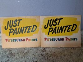 2 PITTSBURGH PAINTS JUST PAINTED (WET PAINT) SIGN 1953 VINTAGE MID CENTURY - $34.47 CAD
