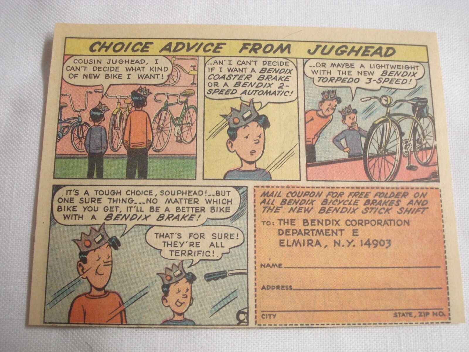 1967 Archie Comics Color Ad Bendix Bicycle Brakes Choice Advice From Jughead - $7.99