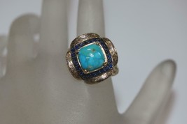 Fine 14K Yellow Gold Filigree Matte Finish Square Turquoise Sapphire Ring Size 8 - £403.73 GBP