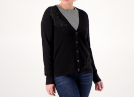 Isaac Mizrahi Live! Button Front Sweater Cardigan w/Lace Pitch Black, Size 2X - £21.83 GBP