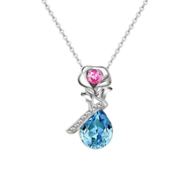 Pink Flower Blue Gem Pendant Necklace - New - £11.93 GBP