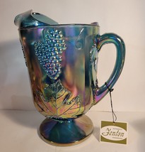 Fenton Carnival Glass Indiana Blue Pitcher Harvest Grape Pattern - $75.00
