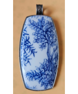 Silver-tone Blue &amp; White Porcelain Pendant W/Back Etching Design 3.1/8&quot; ... - $33.65 CAD