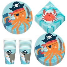 Ahoy Pirate Octupus &amp; Shark Birthday Paper Dessert Plates, Beverage Napkins, and - £16.77 GBP