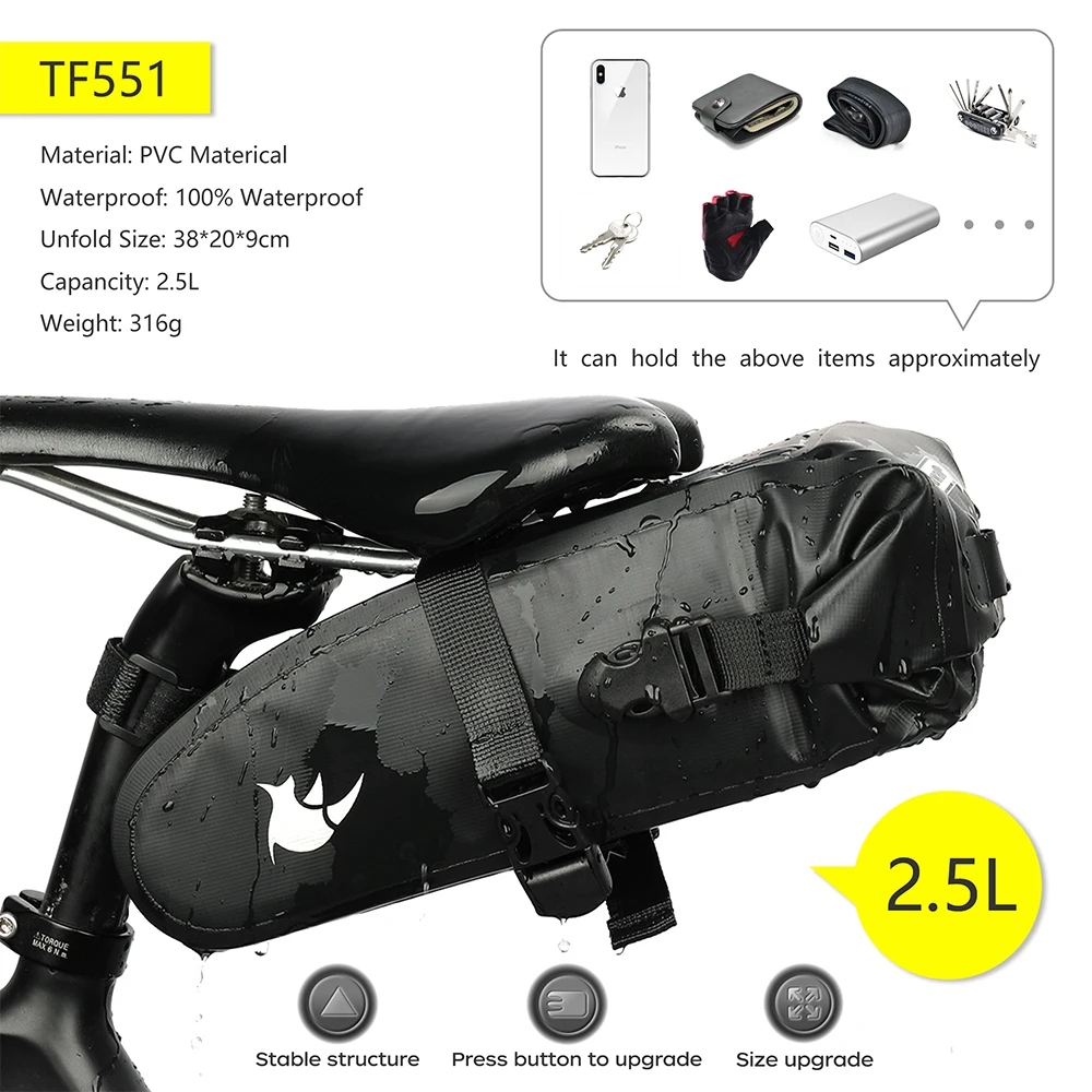 Rhinowalk bicycle saddle bag 1 5l 2 5l full waterproof cycling seat bag mtb road repair thumb200