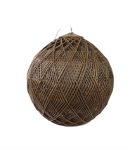 Vintage 70s Mid Century Modern MCM Wood Wicker Woven Orb Hanging Chain Lam - $316.75