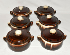 Vintage Drip Glaze Stoneware Bowls 6pc Set Individual Lidded Pots Double Handles - £50.86 GBP