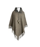 Vtg Brown Wool Poncho Crochet Collar Pom Poms Fringe One Size Possibly H... - £35.03 GBP