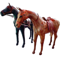 2 Rustic Vintage Leather Wrapped Horses Horse Sculpture w/Tack 15&quot; Glass Eyes - $150.58