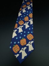 Lillian Vernon Halloween Men&#39;s Neck Tie 100% Silk Ghosts Jack o Lanterns Blue 92 - $11.13