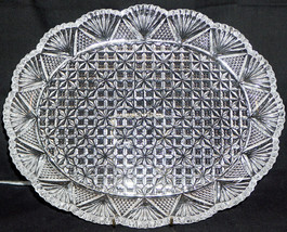 Vintage Pressed Glass Strawberry Diamond Fan 12&quot; Oval Tray Serving Platter - £35.24 GBP