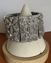 Vintage Monet Silver Tone Art Deco Bracelet Crystals Chunky Wide Floral Stretch - £30.55 GBP