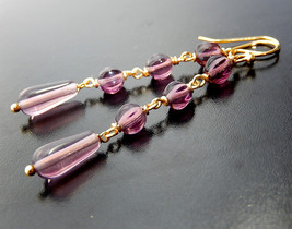 Long Purple Earrings, Plum Czech Glass Teardrops, Gold Vermeil - $28.00