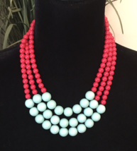 Jack E OHS NYC Multistrand Necklace Triple Red Turquoise Colored Plastic Beads - £15.18 GBP