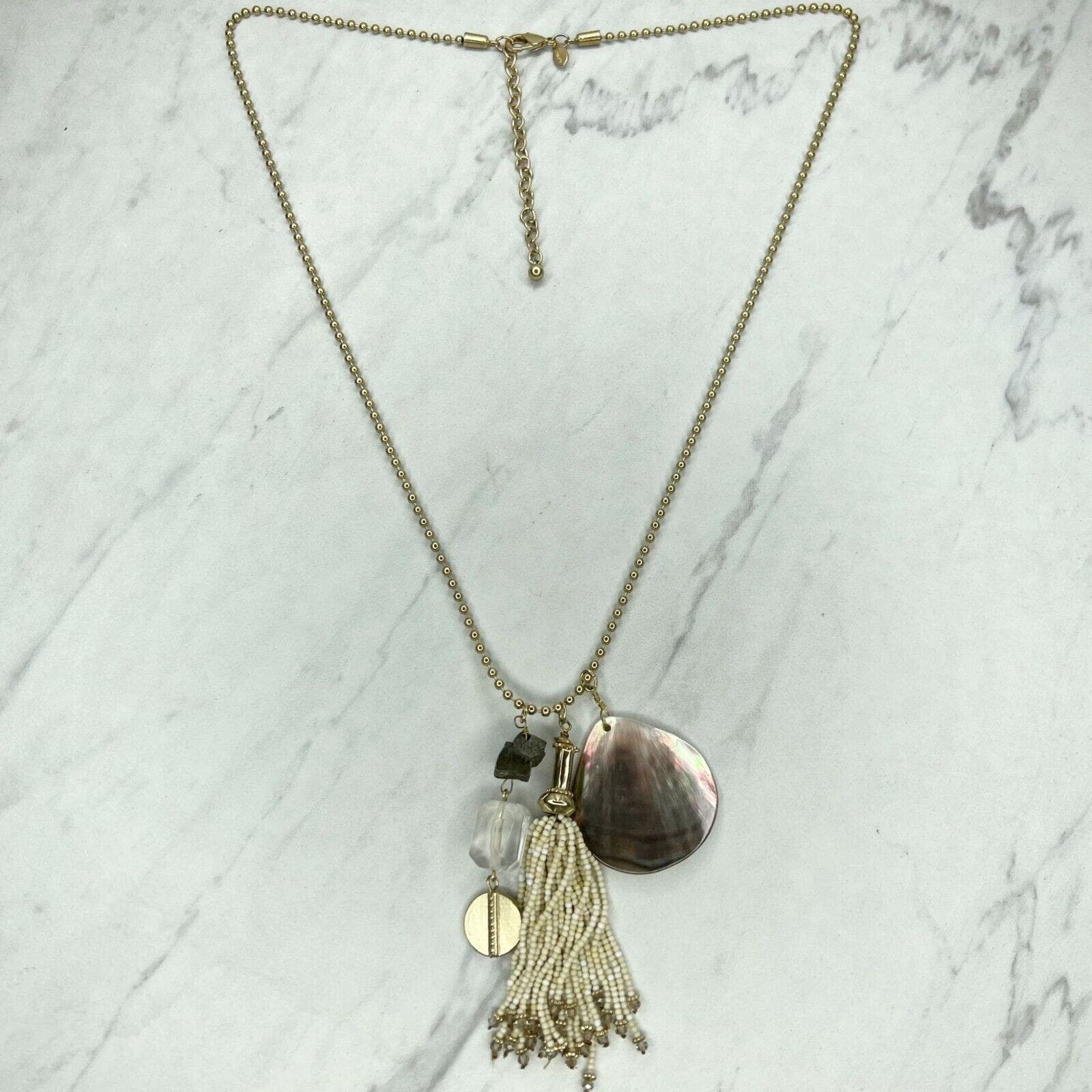 Chico's Gold Tone Ball Chain Tassel Shell Charm Necklace - £13.47 GBP