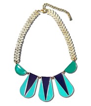 Vintage MIKA Teal Navy &amp; Emerald Enamel Chevron Chain Statement Necklace - $19.30