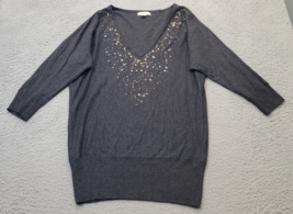 New York &amp; Company Sweater Women XS Gray Knit Sequin Long Sleeve V Neck ... - £15.26 GBP