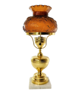 Vintage Hand-Gilded Hurricane Lamp + Amber Glass Roses Shade + Marble Ba... - $155.00