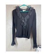 Kay Unger New York Black 100% Silk Wrap Blouse Ruffle Trim Long Sleeve M... - €34,33 EUR