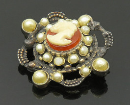 925 Sterling Silver - Vintage Petite Pearls &amp; Carnelian Cameo Brooch Pin- BP8060 - £38.42 GBP