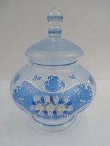 Floral Art Glass Jar With Lid Blue Satin Glass Hand Painted Flowers 7.5&quot; - £35.40 GBP