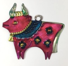 Mexican Folk Art Tin Cow or Bull Christmas Tree Ornament Vintage Colorful - $14.00