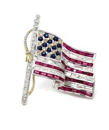 18k White Gold Diamond, Ruby, and Sapphire Gem American Flag Brooch - $330,428.60 MXN