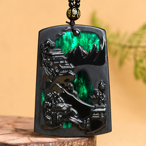 Hill House Landscape Natural Natural Black Jade Beautiful View Pendant Necklace - £81.38 GBP