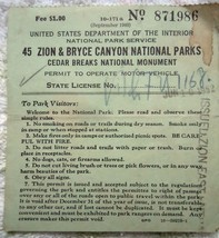 Vintage 45 Zion &amp; Bryce Canyon National Parks Vehicle Permit  - £1.55 GBP