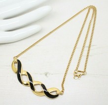 Vintage 1980s Signed Monet Black Enamel Gold Curb Link Chain NECKLACE Jewellery - £21.35 GBP