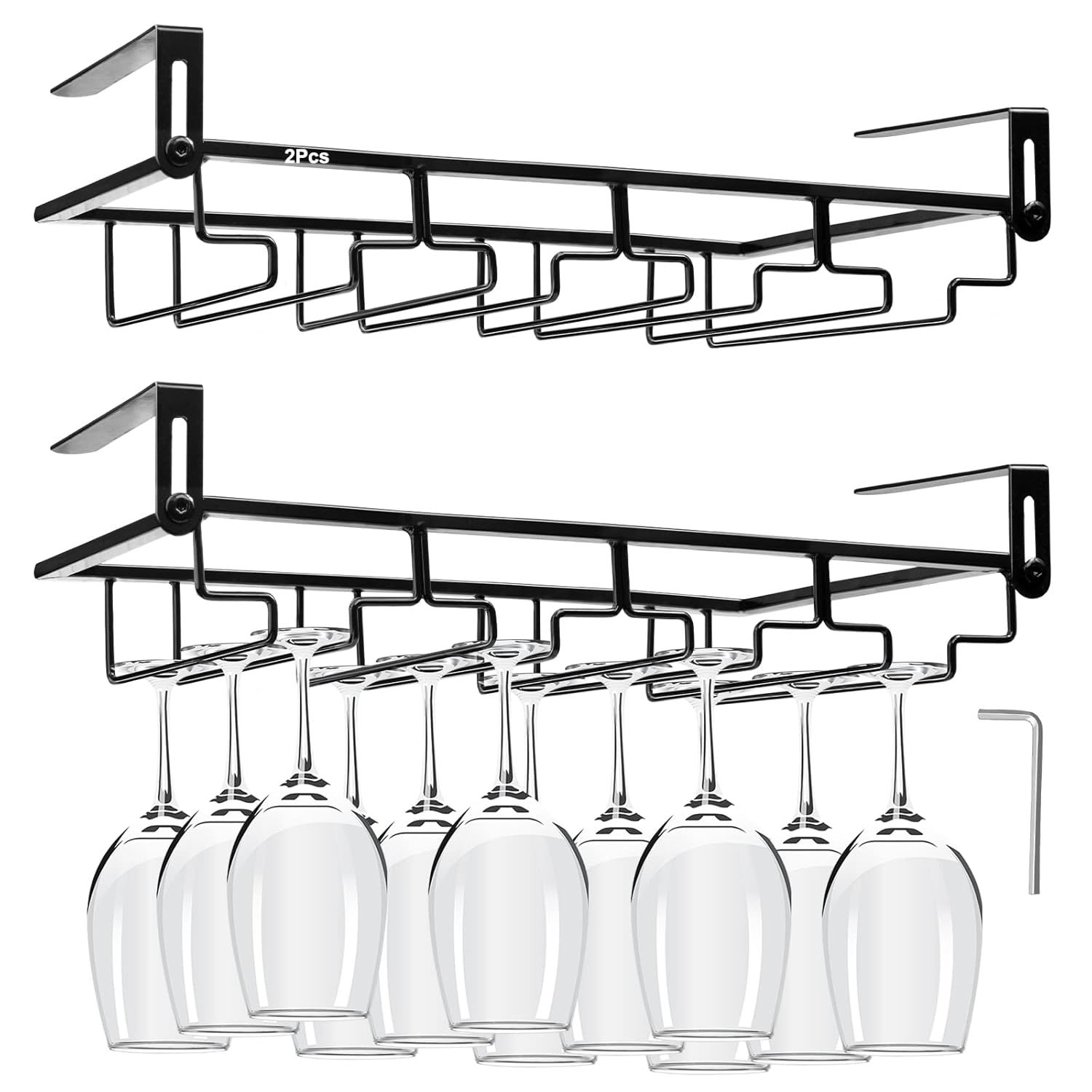 2Pcs Adjustable Wine Glass Rack Under Cabinet, Punch-Free 4 Rows Stemware Wine G
