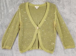 Christopher &amp; Banks Sweater Large Green Sequined Open Knit Grannycore One Button - £31.64 GBP