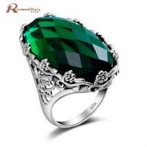 Russian Green Stone Crystal Ring Big Stone Flower Pattern Pure 925 Solid Sterlin - £36.92 GBP