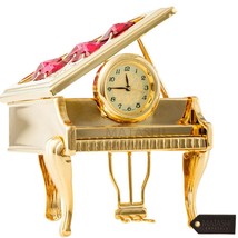 24K Gold Plated Vintage Piano Desk Clock with Red Crystals By Matashi - £30.36 GBP
