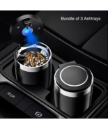 Bundle of 3 Car Ashtrays with Lid – Smell-Proof Portable with Blue LED L... - $29.69