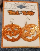 Glitter Jack o Lantern Pumpkin Pierced Hook Earrings Halloween Autumn Orange - £6.69 GBP
