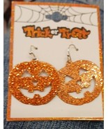 Glitter Jack o Lantern Pumpkin Pierced Hook Earrings Halloween Autumn Or... - $11.50 CAD