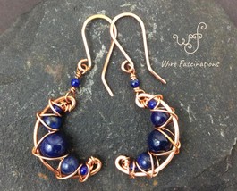 Handmade lapis lazuli earrings: criss cross copper wire wrapped crescent moons - £23.98 GBP