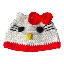 Handcrafted Crocheted Hello Kitty Hat Beanie Style Youth White Red - £9.56 GBP