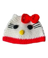 Handcrafted Crocheted Hello Kitty Hat Beanie Style Youth White Red - £9.56 GBP