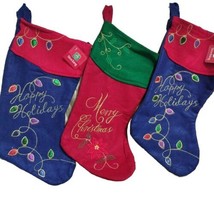3 Christmas Stockings Embroidered Happy Holiday &amp; Merry Christmas Felt New 16&quot; - £13.15 GBP