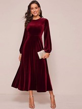 Burgundy Velvet Long Sleeve fit and flare Dress wedding evening evet party wear - £95.64 GBP+