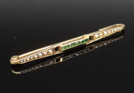 14K GOLD - Vintage Victorian Emerald &amp; Cultured Pearls Linear Brooch Pin - GB175 - £207.31 GBP