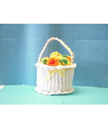 Crochet White Basket 7-1/2&quot; w/ Yellow and Orange Flowers - $13.85