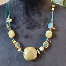 Womens Blue Green Ceramic Glass Wood Shell Collar Necklace with Lobster Clasp - £20.89 GBP