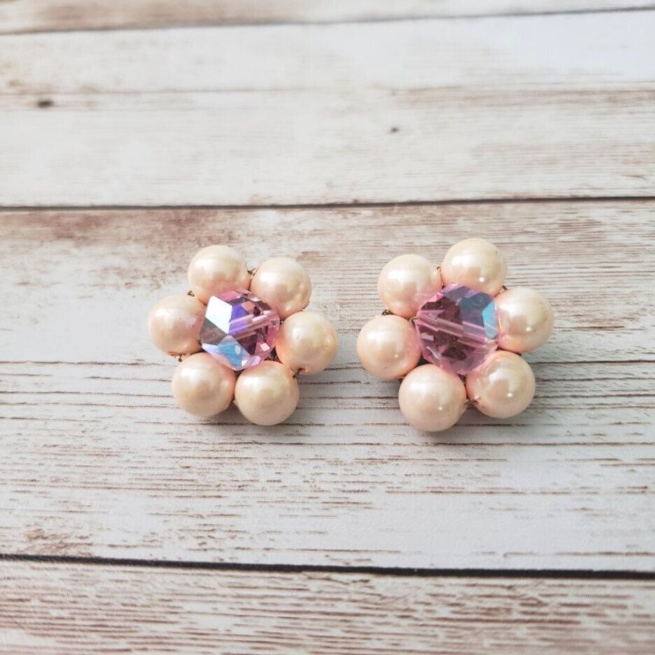 Primary image for Vintage Clip On Earrings - Light Pink Cluster with Iridescent Pink Center