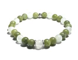 Natural Gemstone Beaded Bracelet, China Jade and White Jade, Silver Allo... - €5,10 EUR