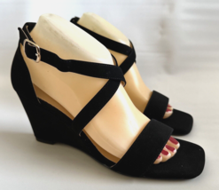 Idifu Black Suede 3&quot; Wedge Heels Ankle Strap Size 8 Shoes Sandals Dress ... - $21.46