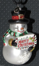 Radko 5&quot; Glass Ornament Snowman w/Top-Hat Scarf Mittens &amp; Merry Christmas Sign - £27.67 GBP